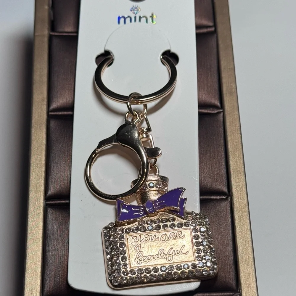 BAG CHARM MINT Bling Perfume Bottle Purple Enamel Bow Keychain You Are Beautiful